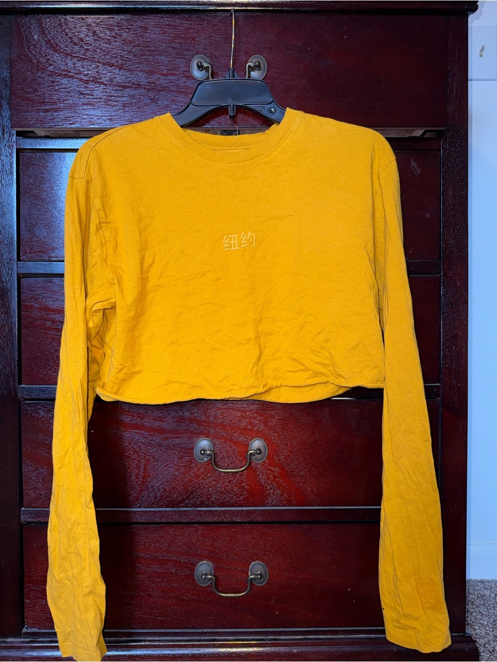 Cropped Long-Sleeve Crewneck Top in Mustard Yellow